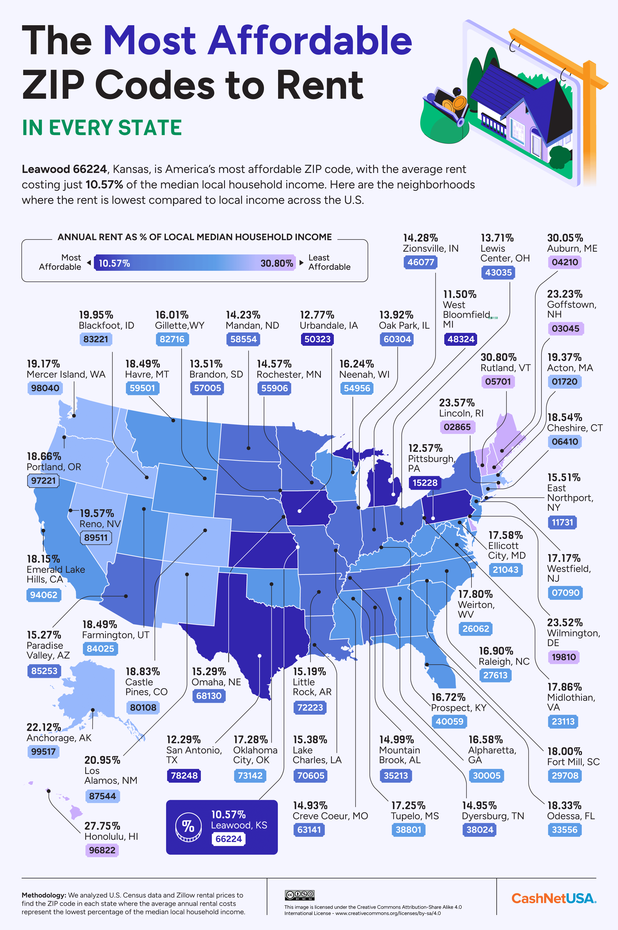 U.S. map showing the most affordable zip code to rent in for each state